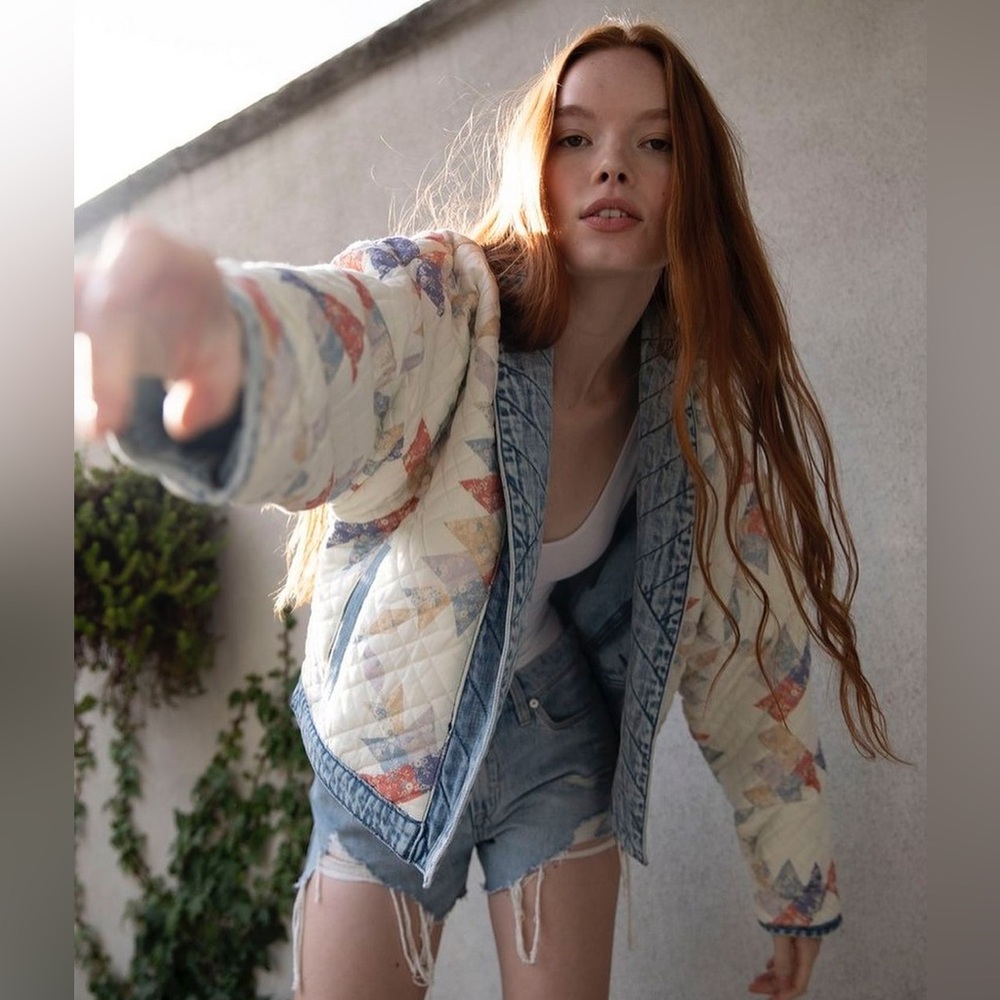 Blank NYC Quilted Patchwork Cropped Jacket in Cream, Blue & Coral - Picture 5 of 16